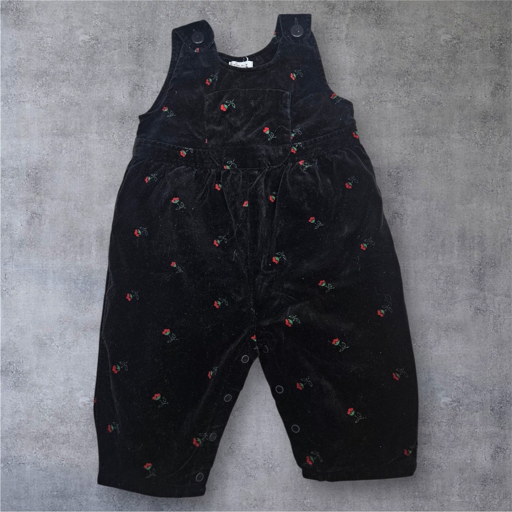 Vintage Baby Gap Black Velvet Floral Rose Overalls Jumper 12/18 Months I60